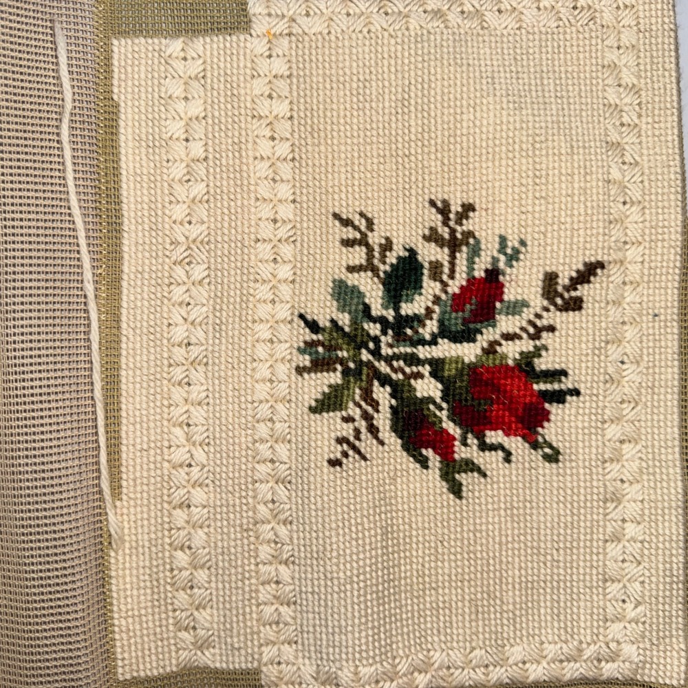 Brunswick Floral Rose Needlepoint Kit Beige Wool Yarn 19x11 Incomplete Project